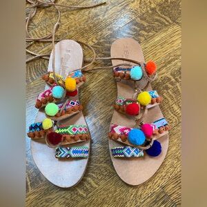 Elina Linardaki Penny Lane Lace Up Leather Colorful Pom Pom Sandals 40 /10